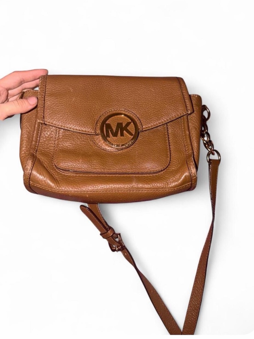 Michael Kors Fulton Brown Pebbled Leather Medallion Crossbody Bag
